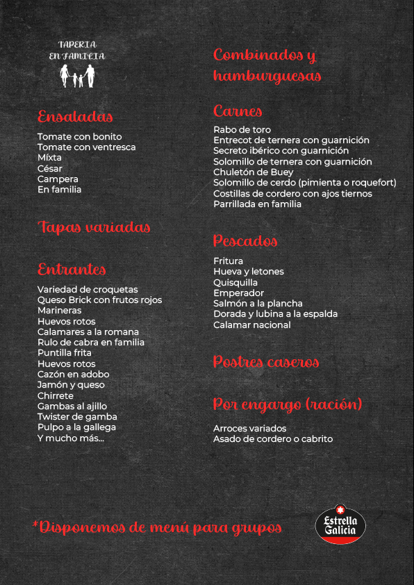 Menu Taperia en Familia